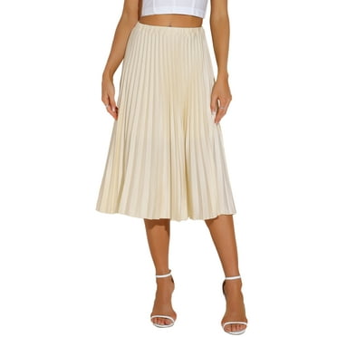 INSPIRE CHIC Women's  A-line Summer Elastic High Waist Pleated Midi Skirts S Beige