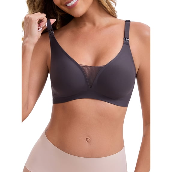 INSPIRE CHIC Women's Adjustable Buckled Straps Postpartum Nursing Bra V-Neck Mesh Splicing Lightweight Wireless Bras M Black