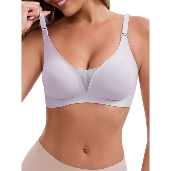 INSPIRE CHIC Women's Adjustable Buckled Straps Postpartum Nursing Bra V-Neck Mesh Splicing Lightweight Wireless Bras XXL Light Purple