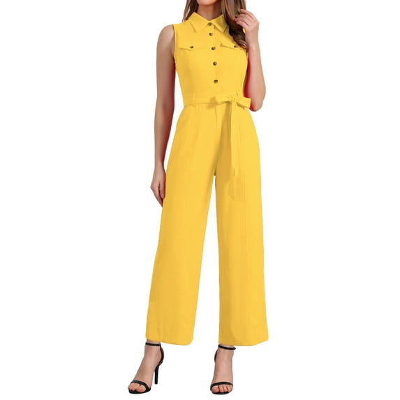 INSPIRE CHIC Women's Ankle Tie Waist Workwear Button Front Sleeveless Jumpsuit L Golden