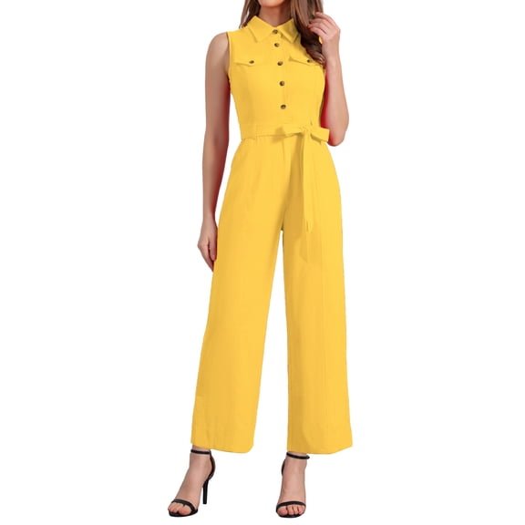 INSPIRE CHIC Women's Ankle Tie Waist Workwear Button Front Sleeveless Jumpsuit S Golden