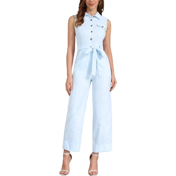 INSPIRE CHIC Women's Ankle Tie Waist Workwear Button Front Sleeveless Jumpsuit S Sky Blue