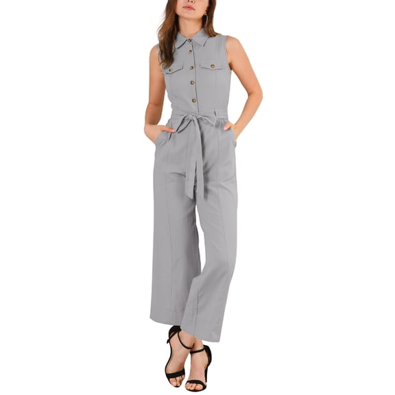 INSPIRE CHIC Women's Ankle Tie Waist Workwear Button Front Sleeveless Jumpsuit XS Light Grey