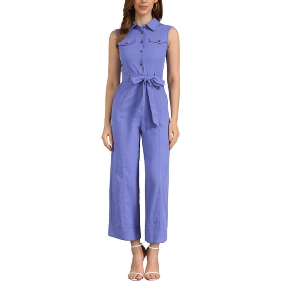 INSPIRE CHIC Women's Ankle Tie Waist Workwear Button Front Sleeveless Jumpsuit XS Matte Blue