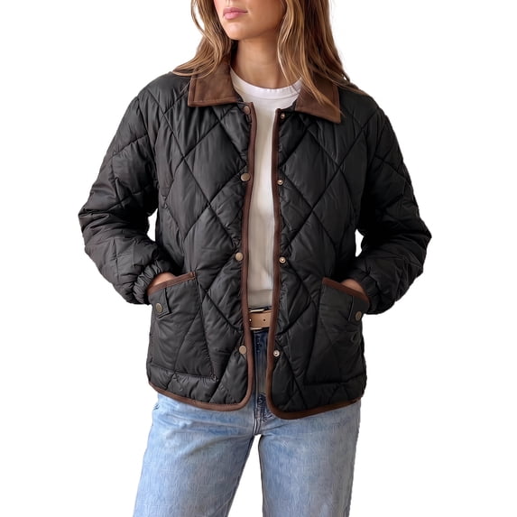 INSPIRE CHIC Women's Argyle Puffer Jacket Color Block Lapel Collar Button Down Medium Black
