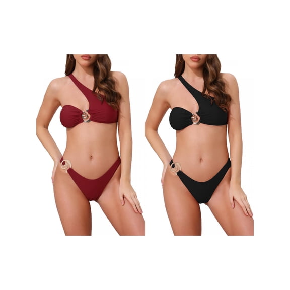 Women's Asymmetric One Shoulder Strap Metallic Ring Bikini Combination Sets, 2 Piece Triangle Bottom Swimwear 2 Sets Small Black, Wine Red