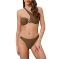 thumbnail image 1 of INSPIRE CHIC Women's Asymmetric One Shoulder Strap Metallic Ring Bikini Sets, 2 Piece Triangle Bottom Swimwear Small Brown, 1 of 5