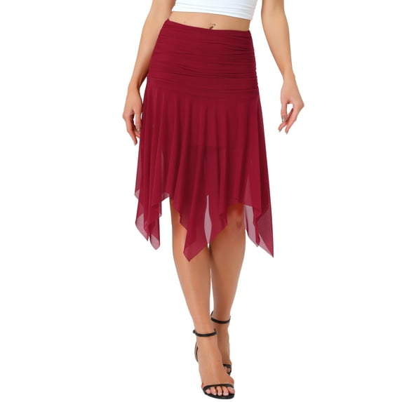 INSPIRE CHIC Women's Asymmetrical High Waisted Ruched Flowy Mesh Midi Skirts M Dark Red