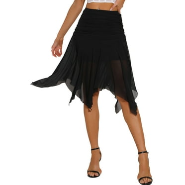 INSPIRE CHIC Women's Asymmetrical High Waisted Ruched Flowy Mesh Midi Skirts XS Black