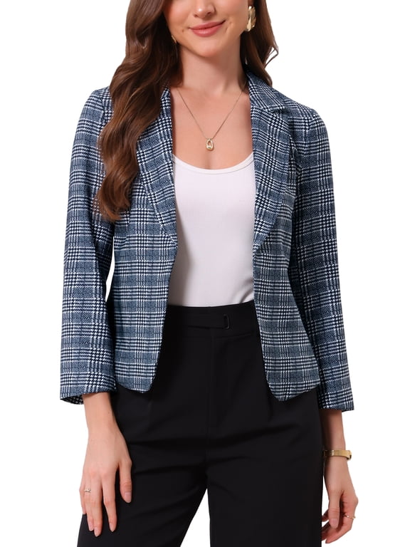 Women's Back to School Blazer Open Front Wear-to-Work Summer Crop Suit Jacket Blue-Houndstooth S