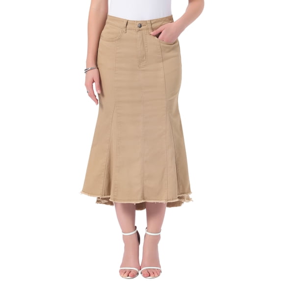 INSPIRE CHIC Women's Back to School Denim Washed Fishtail High Waist Raw Hem Fashion Casual with Pockets Midi Skirts S Khaki