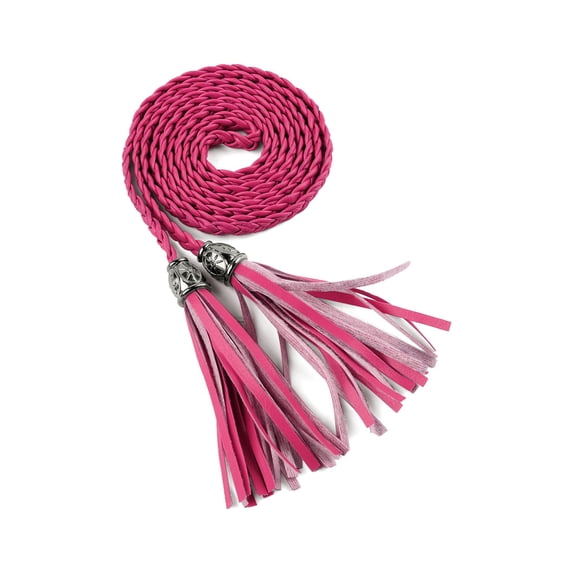 INSPIRE CHIC Women's Back to School Tassel Braided Skinny Waist Belt Faux Leather Thin Boho Belt for Dresses Rose Red 132 cm/52 inches