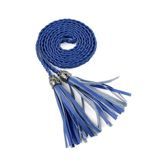 INSPIRE CHIC Women's Back to School Tassel Braided Skinny Waist Belt Faux Leather Thin Boho Belt for Dresses Royal Blue 132 cm/52 inches