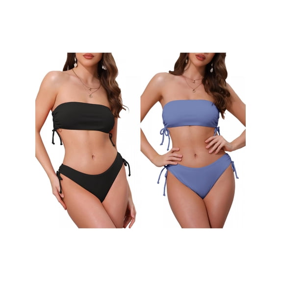 Women's Bandeau Drawstring Side Tie Ribbed Bikini Sets 2 Piece Strapless Top Triangle Bottom Swimwear Bathing Suits 2 Sets Medium Black, Light Blue