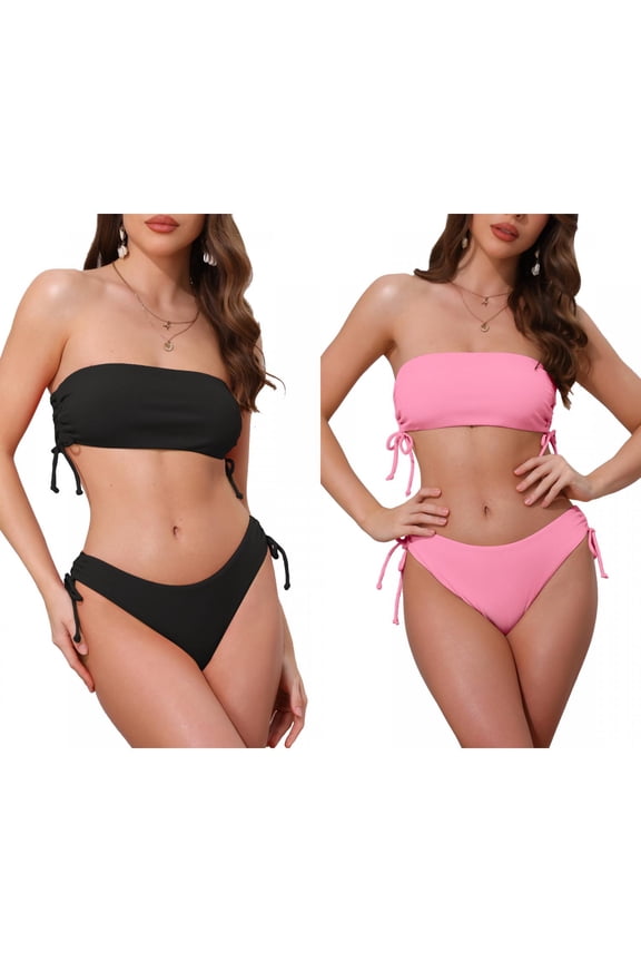 Women's Bandeau Drawstring Side Tie Ribbed Bikini Sets, 2 Piece Strapless Top Triangle Bottom Swimwear Bathing Suits 2 Sets Medium Black, Pink