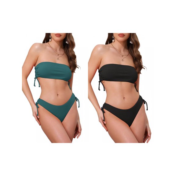 Women's Bandeau Drawstring Side Tie Ribbed Bikini Sets, 2 Piece Strapless Top Triangle Bottom Swimwear Bathing Suits 2 Sets X-Large Black, Dark Green