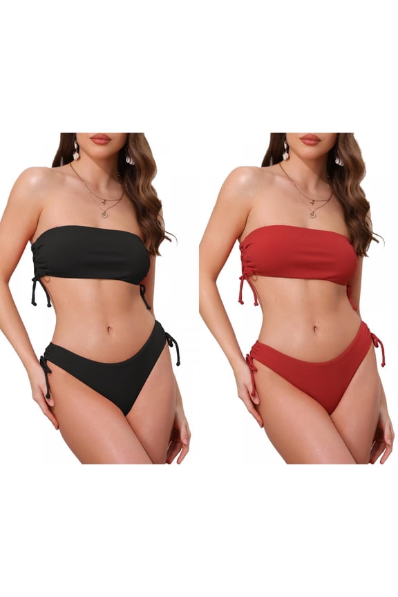 Women's Bandeau Drawstring Side Tie Ribbed Bikini Sets, 2 Piece Strapless Top Triangle Bottom Swimwear Bathing Suits 2 Sets X-Small Black, Red