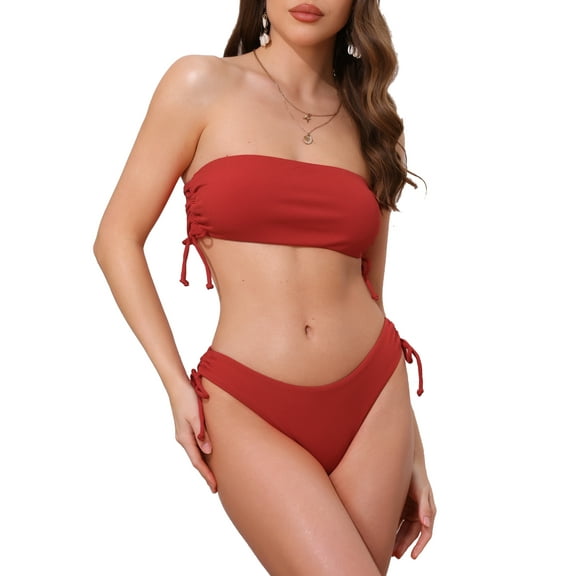 INSPIRE CHIC Women's Bandeau Drawstring Side Tie Ribbed Bikini Sets, 2 Piece Strapless Top Triangle Bottom Swimwear Bathing Suits X-Large Red