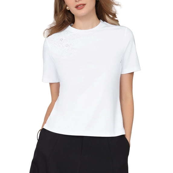 INSPIRE CHIC Women's Basic Tee Shirt Short Sleeve Crew Neck Stretchy Summer Casual Beaded Top M White