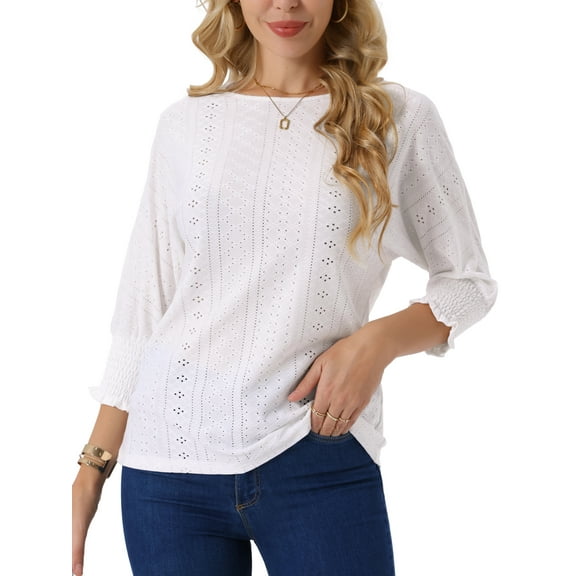 INSPIRE CHIC Women's Batwing 3/4 Sleeve Tops Summer Casual Eyelet Blouse Crewneck Tunic T-Shirts L White