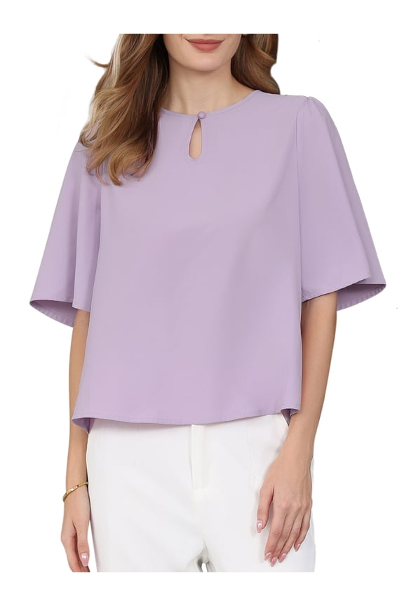 Women's Bell Sleeve Top Crew Neck Keyhole Front Solid Business Casual Blouse S Light Purple