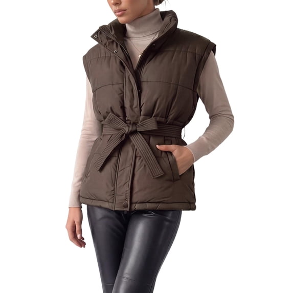 INSPIRE CHIC Women's Belted Puffer Vest with Stand Collar Zip Up Lightweight Padded Jacket Medium Coffee