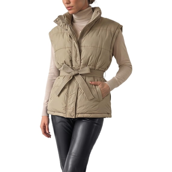 INSPIRE CHIC Women's Belted Puffer Vest with Stand Collar Zip Up Lightweight Padded Jacket Medium Khaki