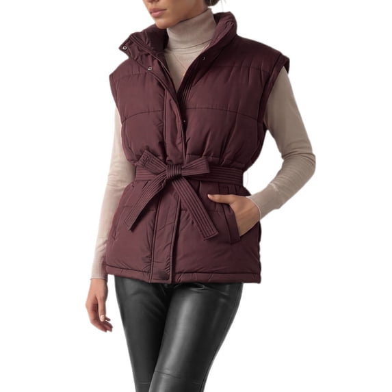 INSPIRE CHIC Women's Belted Puffer Vest with Stand Collar Zip Up Lightweight Padded Jacket Small Burgundy