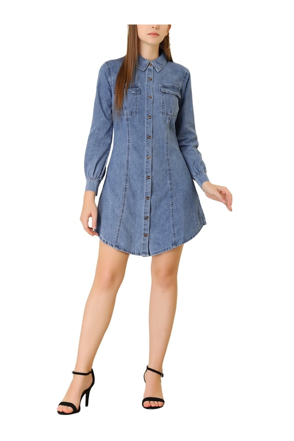 Women's Bishop Sleeve Chest Pocket Casual Denim Shirt Dress XS Light Blue