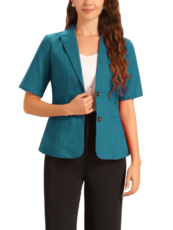 Women's 2 Piece Suit Back to School Set Notched Lapel Blazer Layered Dress Outfit L Peacock Blue