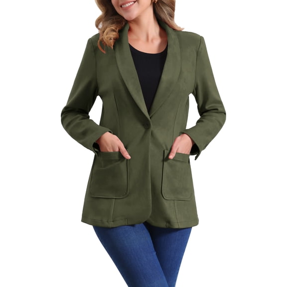 INSPIRE CHIC Women's Blazer Lapel Collar One Button Faux Suede Dressy Suit Jacket XL Army Green