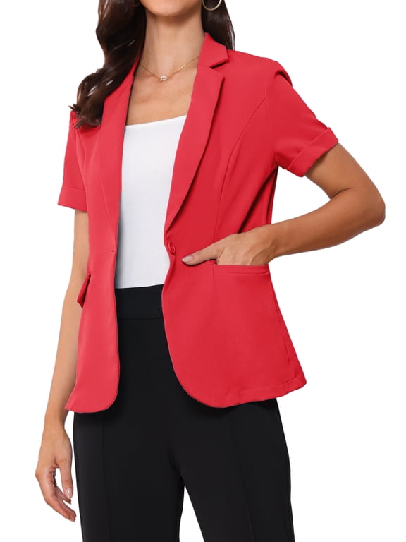 Women's Blazer Notch Lapel One Button Short Sleeve Suit Jacket Red S