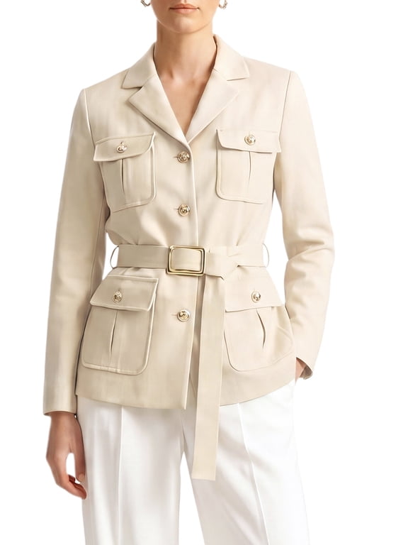 Women's Single Breasted Blazer Notched Lapel Long Sleeves Work Business Suit Jacket with Belt Small Apricot