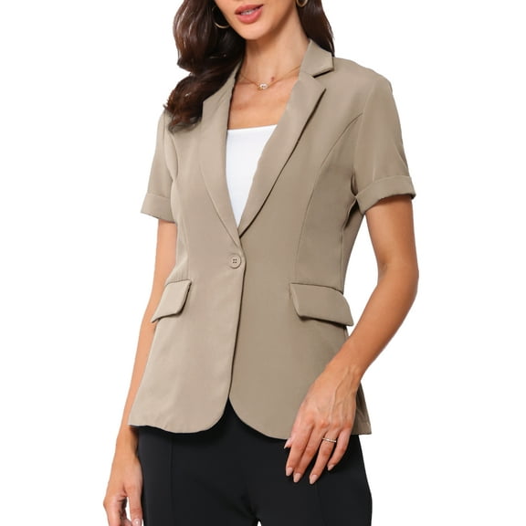 INSPIRE CHIC Women's Blazer Notch Lapel Collar Short Sleeves One Button Wear-to-Work Suit Jackets M Dark Khaki