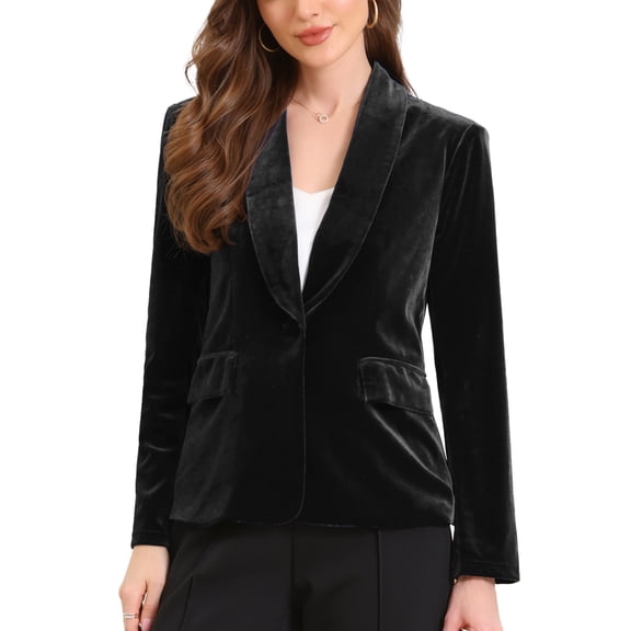 INSPIRE CHIC Women's Blazer Velvet Shawl Collared Long Sleeve Botton Down Business Cocktail Suit Jackets XL Black