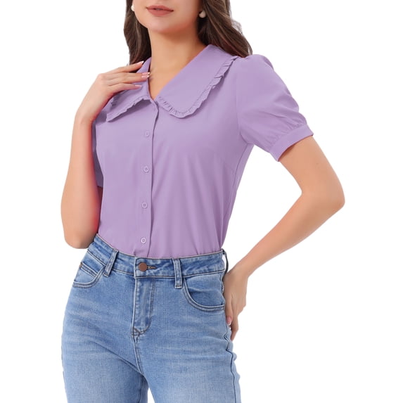 INSPIRE CHIC Women's Blouse Peter Pan Collar Puff Short Sleeve Retro Shirt S Light Purple