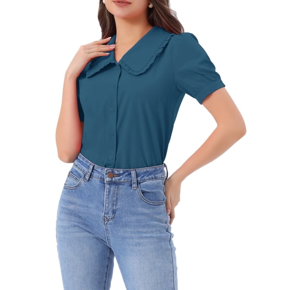 INSPIRE CHIC Women's Blouse Peter Pan Collar Puff Short Sleeve Retro Shirt XS Peacock