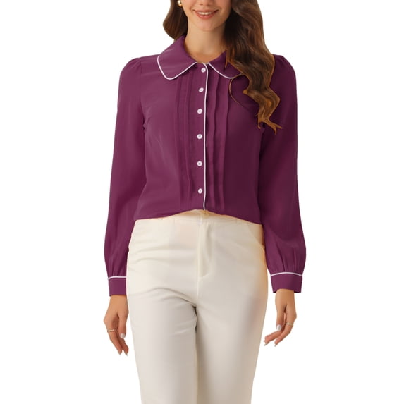 INSPIRE CHIC Women's Blouse Peter Pan Collar Puff Sleeve Contrast Trim Button Down Shirt XL Dark Purple