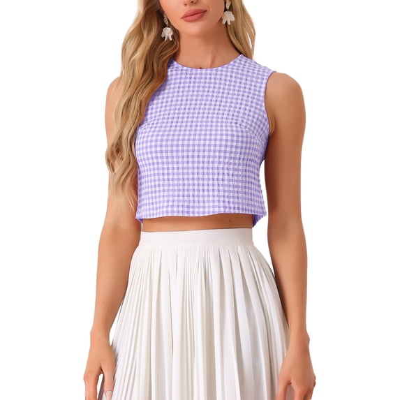 INSPIRE CHIC Women's Blouse Sleeveless Vintage Summer Ginham Tops XL Purple
