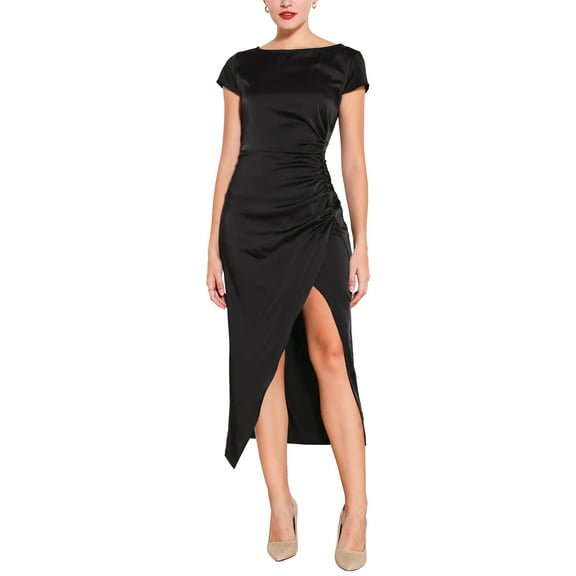 INSPIRE CHIC Women's Boat Neck Cap Sleeve Side Split Ruched Party Satin Dresses S Black