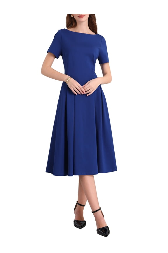 Women's Boat Neck Dresses 2025 Midi Swing Work A-Line Dress for Elegant and Casual Occasions L Royal Blue