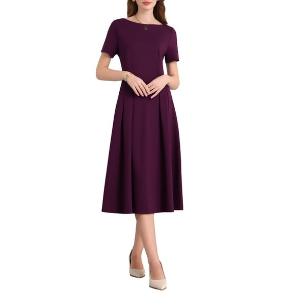 INSPIRE CHIC Women's Boat Neck Dresses 2025 Midi Swing Work A-Line Dress for Elegant and Casual Occasions M Purple Red