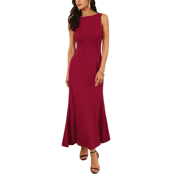 INSPIRE CHIC Women's Boat Neck Dresses Sleeveless Elegant Cocktail Maxi Dress M Burgundy