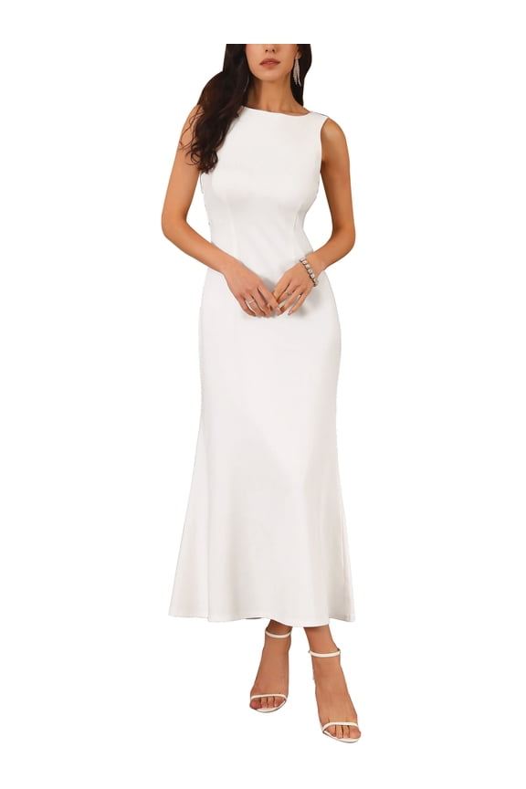 Women's Boat Neck Dresses Sleeveless Elegant Cocktail Maxi Dress S White