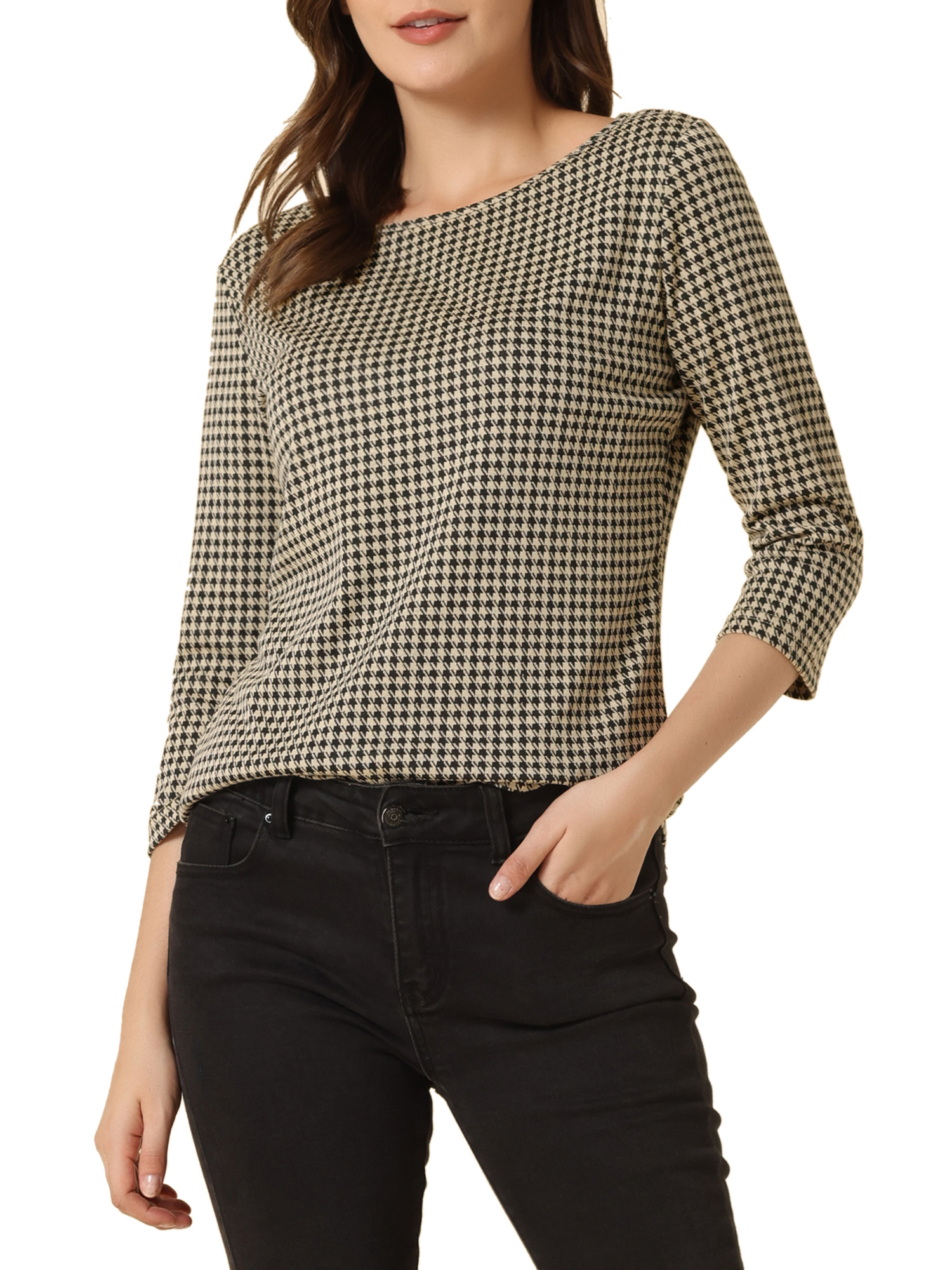 INSPIRE CHIC Women's Boat Neck Knit Top 3/4 Sleeve Houndstooth Plaid Blouse for Fall Winter L Black Khaki