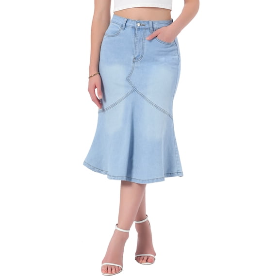 INSPIRE CHIC Women's Bodycon Fishtail Denim Skirt High Waisted Ruffled Knee Length Jean Skirt XL Light Blue
