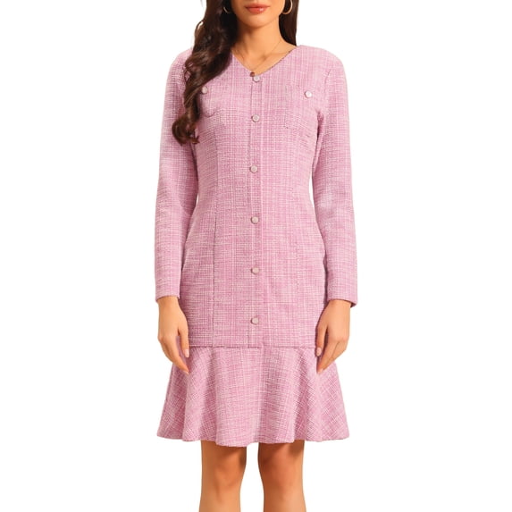 INSPIRE CHIC Women's Bodycon Mermaid Dress Tweed Long Sleeve Elegant Cocktail Fishtail Dresses S Pink