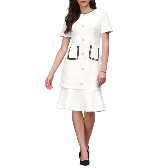 INSPIRE CHIC Women's Bodycon Mermaid Dress Tweed Short Sleeve Panel Trim Cocktail Fishtail Dresses S White