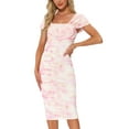 thumbnail image 1 of INSPIRE CHIC Women's Bodycon Square Neck Short Sleeve Printed Midi Ruched Dress XS Light Pink, 1 of 6