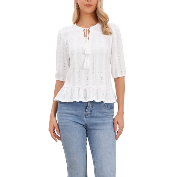 INSPIRE CHIC Women's Boho Blouse Tie Neck Half Sleeve Eyelet Ruffle Hem Peplum Top White M